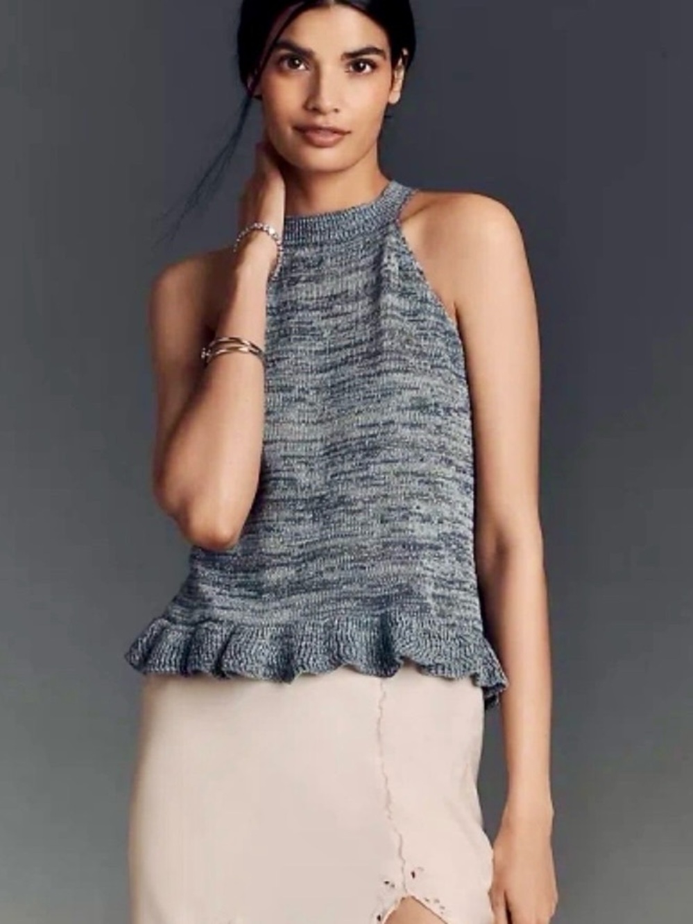 Pilcro Anthropologie Knit Tank Top Blue Ruffle Hem Sleeveless M NWT
